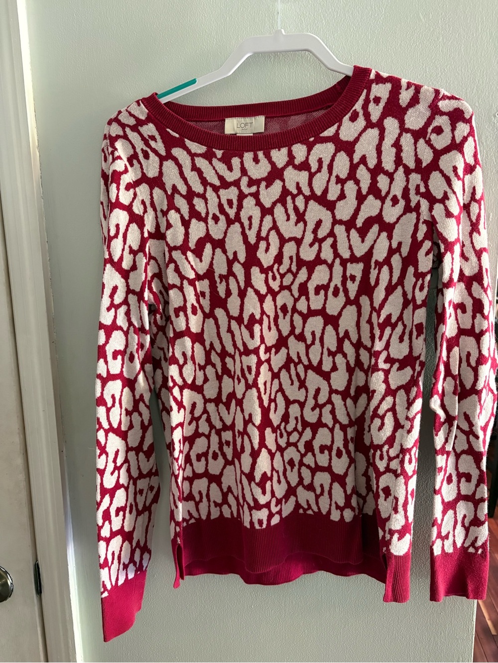 LOFT Red and Cream Leopard-Print Crewneck Sweater
